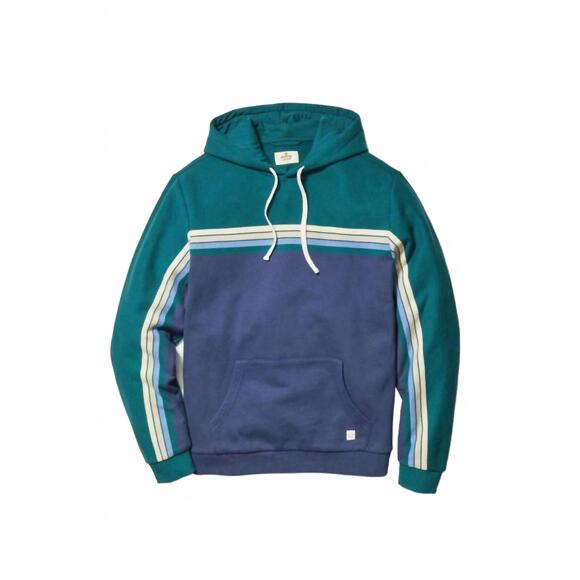 NEW MARINE LAYER men's archive cloud 9 fleece hoodie in green/navy colorblock